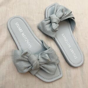 Stuart Weizman women’s 7 light blue denim bow loveknot slides flats sandals